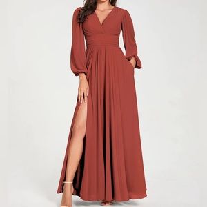 A-Line V-Neck Long Sleeves Long Chiffon Bridesmaid Dresses With Split